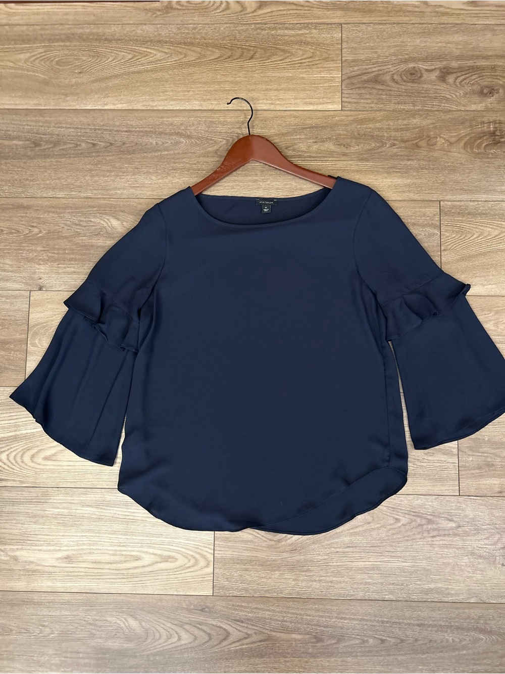 Ann Taylor Navy Ruffle Bell Sleeve Blouse